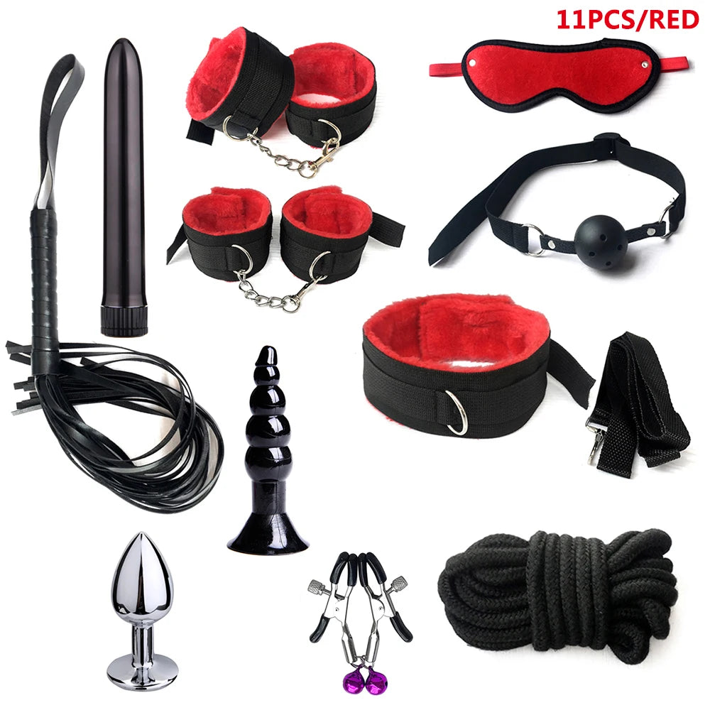 BDSM Kits Sex Bondage Set Handcuffs Gag Whip Nipple Clamps Erotic Sex Toys for Women Couples Adult Sex Shop Anal Butt Plug Tail