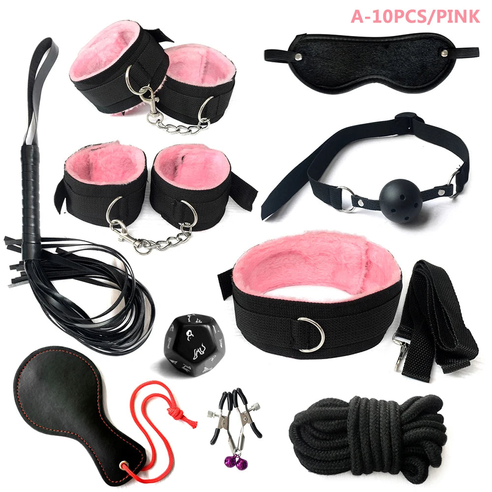 BDSM Kits Sex Bondage Set Handcuffs Gag Whip Nipple Clamps Erotic Sex Toys for Women Couples Adult Sex Shop Anal Butt Plug Tail