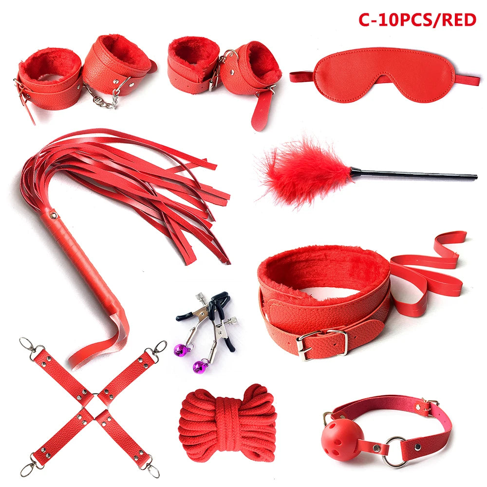 BDSM Kits Sex Bondage Set Handcuffs Gag Whip Nipple Clamps Erotic Sex Toys for Women Couples Adult Sex Shop Anal Butt Plug Tail