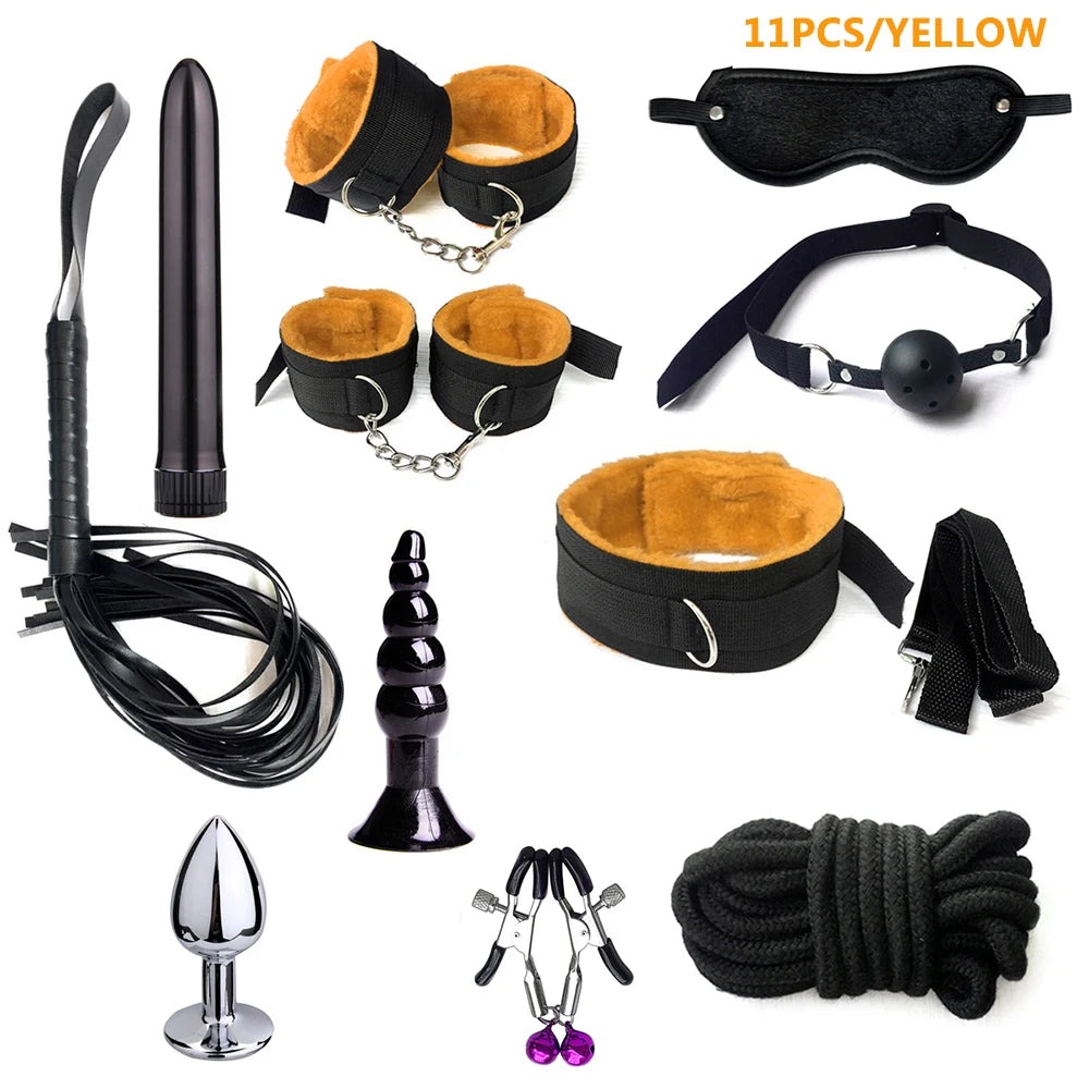 BDSM Kits Sex Bondage Set Handcuffs Gag Whip Nipple Clamps Erotic Sex Toys for Women Couples Adult Sex Shop Anal Butt Plug Tail