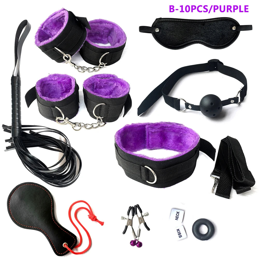 BDSM Kits Sex Bondage Set Handcuffs Gag Whip Nipple Clamps Erotic Sex Toys for Women Couples Adult Sex Shop Anal Butt Plug Tail