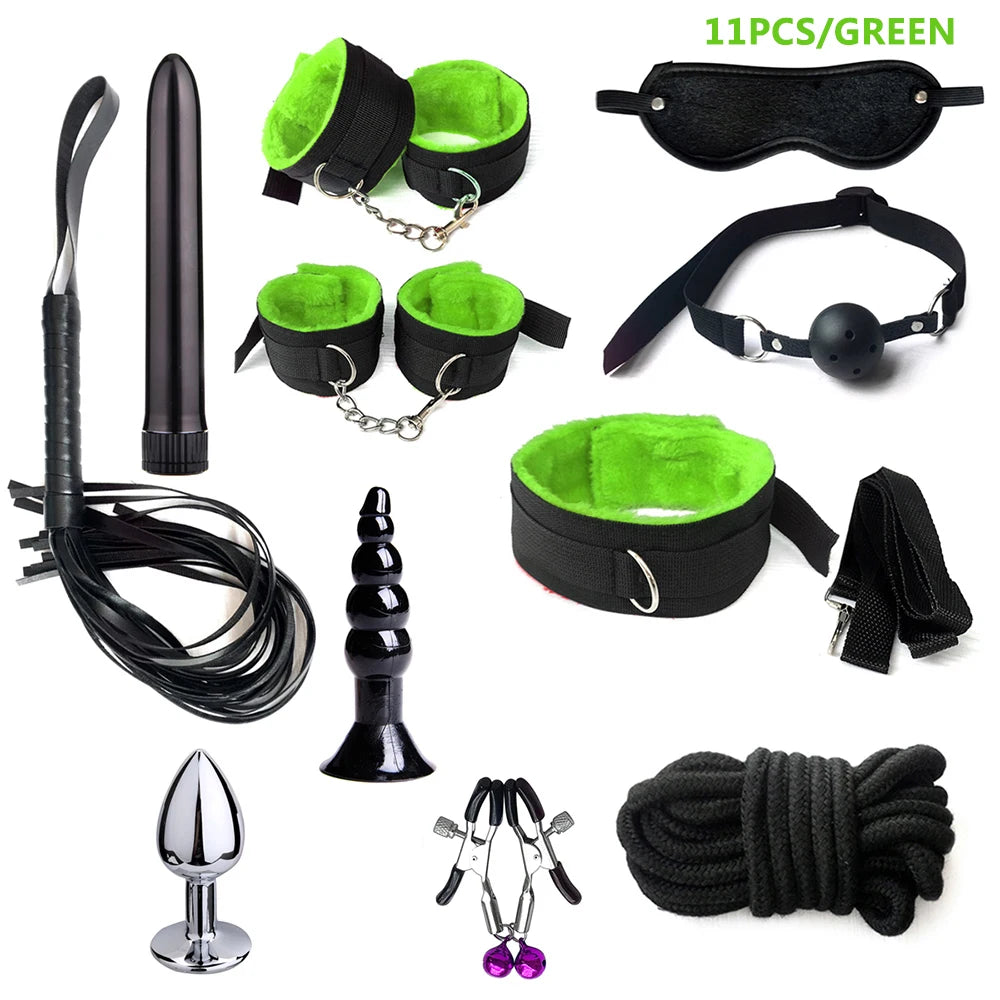 BDSM Kits Sex Bondage Set Handcuffs Gag Whip Nipple Clamps Erotic Sex Toys for Women Couples Adult Sex Shop Anal Butt Plug Tail