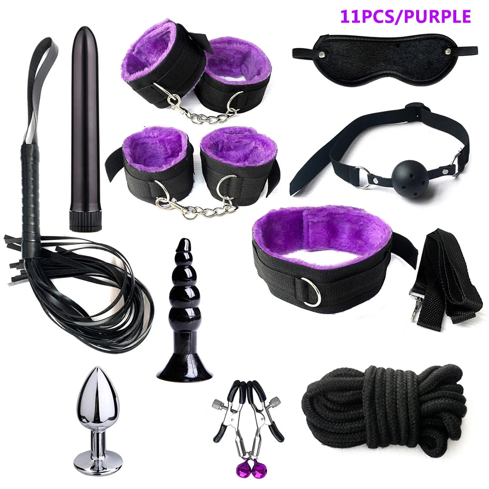 BDSM Kits Sex Bondage Set Handcuffs Gag Whip Nipple Clamps Erotic Sex Toys for Women Couples Adult Sex Shop Anal Butt Plug Tail