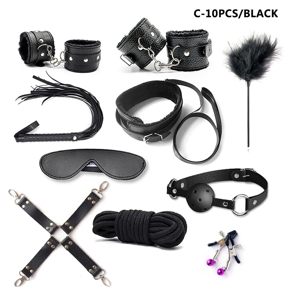 BDSM Kits Sex Bondage Set Handcuffs Gag Whip Nipple Clamps Erotic Sex Toys for Women Couples Adult Sex Shop Anal Butt Plug Tail