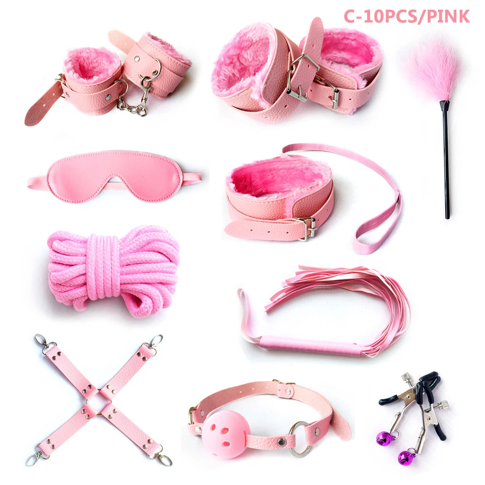 BDSM Kits Sex Bondage Set Handcuffs Gag Whip Nipple Clamps Erotic Sex Toys for Women Couples Adult Sex Shop Anal Butt Plug Tail