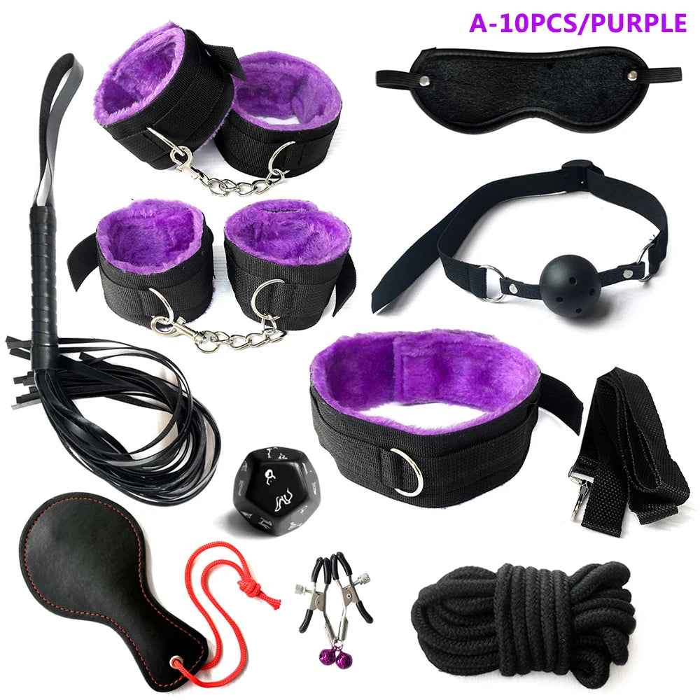 BDSM Kits Sex Bondage Set Handcuffs Gag Whip Nipple Clamps Erotic Sex Toys for Women Couples Adult Sex Shop Anal Butt Plug Tail