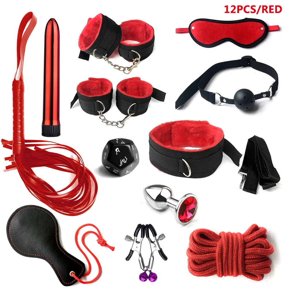 BDSM Kits Sex Bondage Set Handcuffs Gag Whip Nipple Clamps Erotic Sex Toys for Women Couples Adult Sex Shop Anal Butt Plug Tail