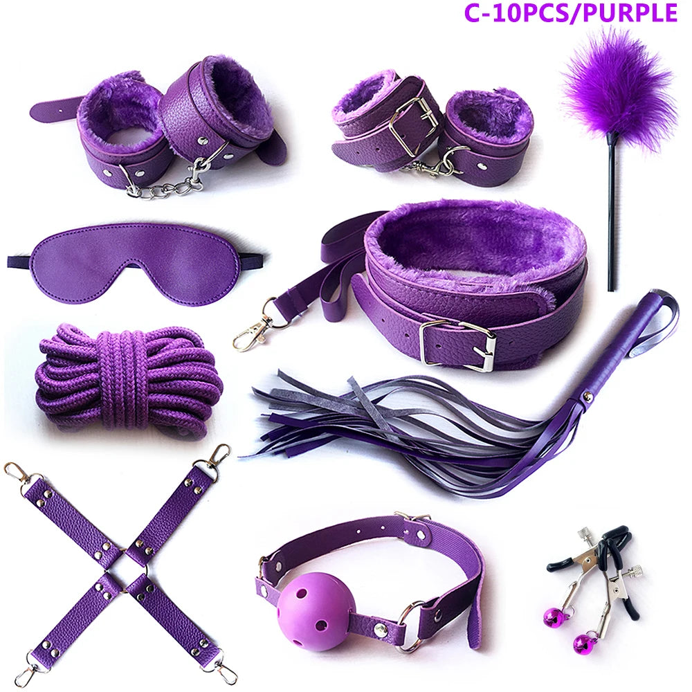 BDSM Kits Sex Bondage Set Handcuffs Gag Whip Nipple Clamps Erotic Sex Toys for Women Couples Adult Sex Shop Anal Butt Plug Tail