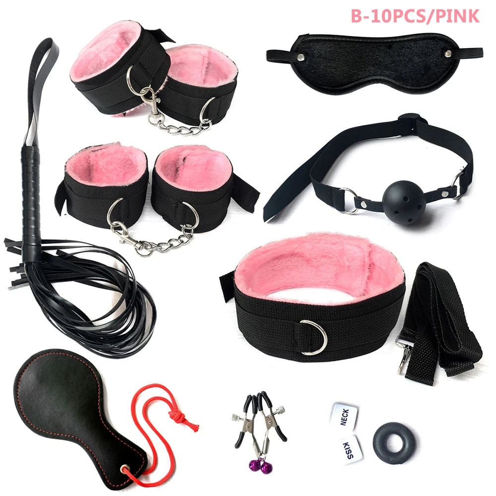 BDSM Kits Sex Bondage Set Handcuffs Gag Whip Nipple Clamps Erotic Sex Toys for Women Couples Adult Sex Shop Anal Butt Plug Tail