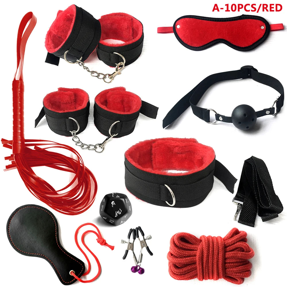 BDSM Kits Sex Bondage Set Handcuffs Gag Whip Nipple Clamps Erotic Sex Toys for Women Couples Adult Sex Shop Anal Butt Plug Tail