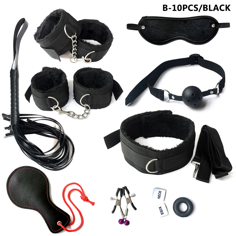 BDSM Kits Sex Bondage Set Handcuffs Gag Whip Nipple Clamps Erotic Sex Toys for Women Couples Adult Sex Shop Anal Butt Plug Tail