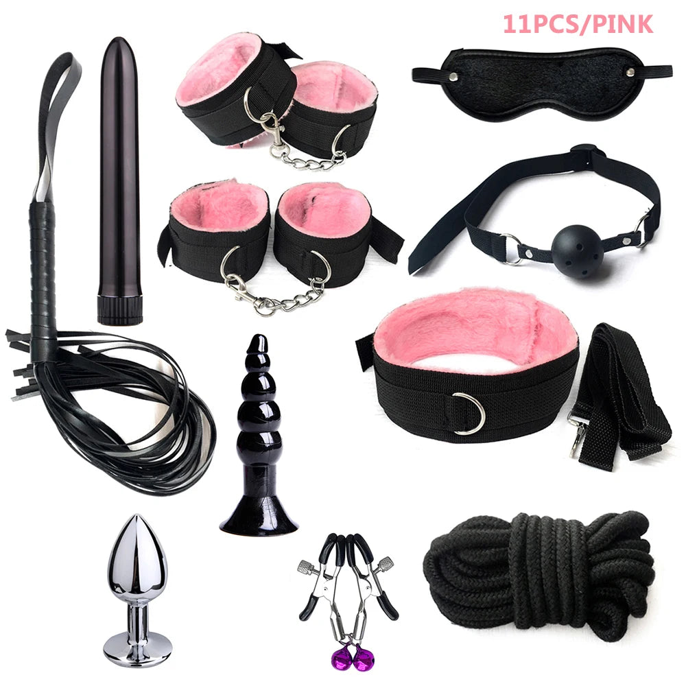 BDSM Kits Sex Bondage Set Handcuffs Gag Whip Nipple Clamps Erotic Sex Toys for Women Couples Adult Sex Shop Anal Butt Plug Tail