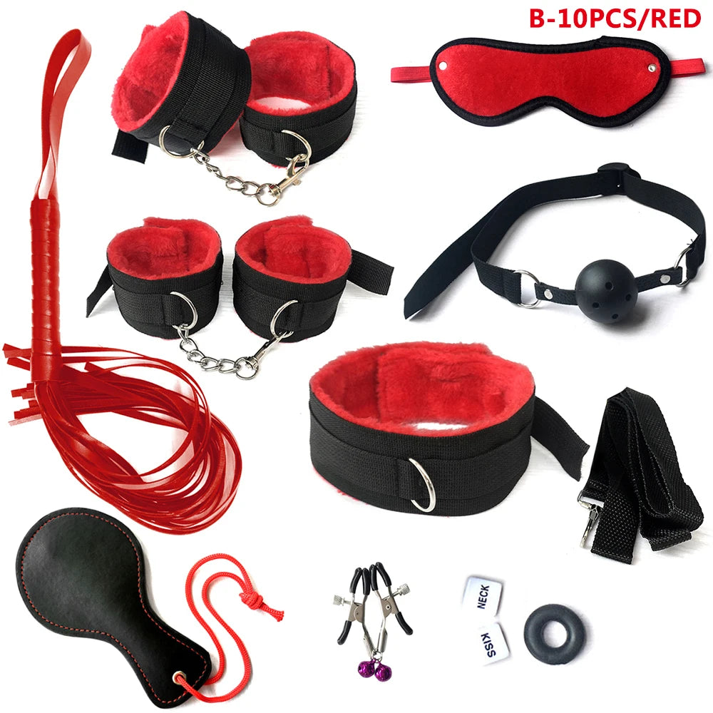 BDSM Kits Sex Bondage Set Handcuffs Gag Whip Nipple Clamps Erotic Sex Toys for Women Couples Adult Sex Shop Anal Butt Plug Tail