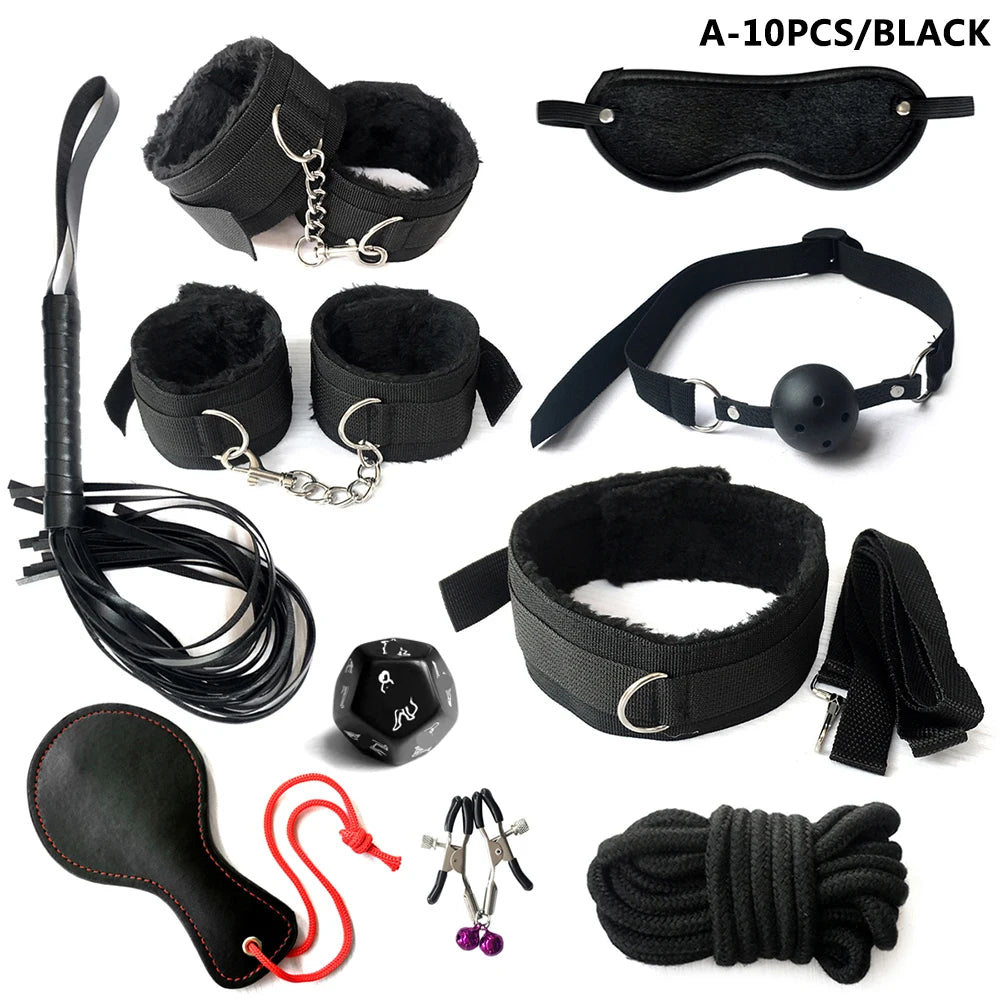 BDSM Kits Sex Bondage Set Handcuffs Gag Whip Nipple Clamps Erotic Sex Toys for Women Couples Adult Sex Shop Anal Butt Plug Tail