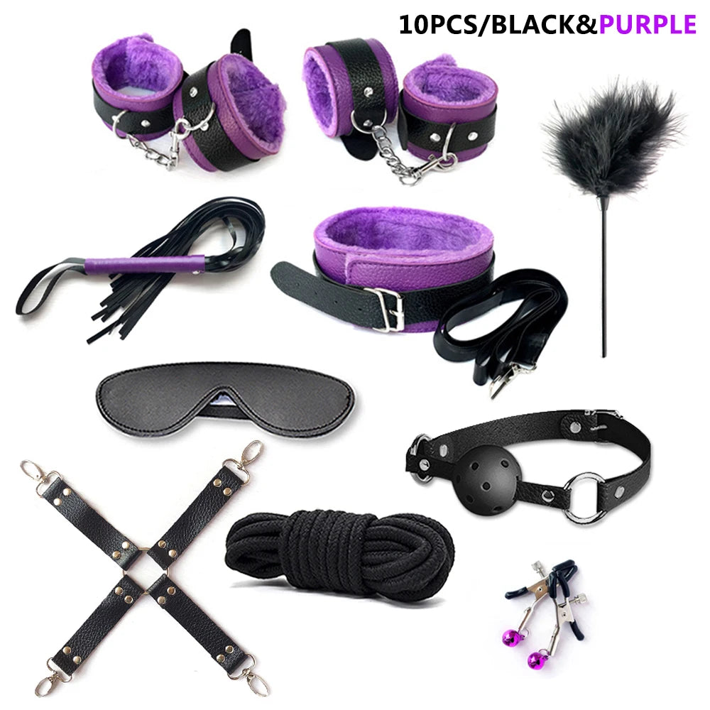 BDSM Kits Sex Bondage Set Handcuffs Gag Whip Nipple Clamps Erotic Sex Toys for Women Couples Adult Sex Shop Anal Butt Plug Tail