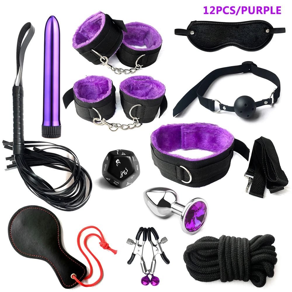 BDSM Kits Sex Bondage Set Handcuffs Gag Whip Nipple Clamps Erotic Sex Toys for Women Couples Adult Sex Shop Anal Butt Plug Tail