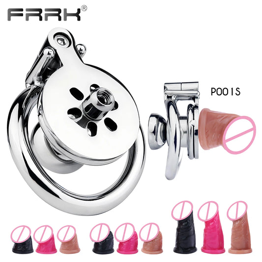 FRRK Urethral Inverted Male Chastity Cage with Added Black Dildo Stainless Steel Cock Cage BDSM Sex Toys Sexual Shop пояс вернос