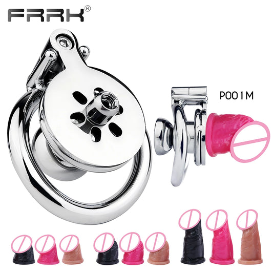 FRRK Flathead Chastity Cage Device with Sissies Pink Dildo Sextoys For Man Stainless Steel Small Chastity Metal Belt Toys бдсм