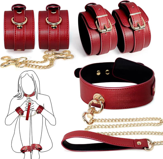 BDSM Red Leather Sex Bondage Adult Toy for Couples Games Sexy Leather Metail Heart Sex Handcuffs Ankle Cuffs and Collar Sex Toys